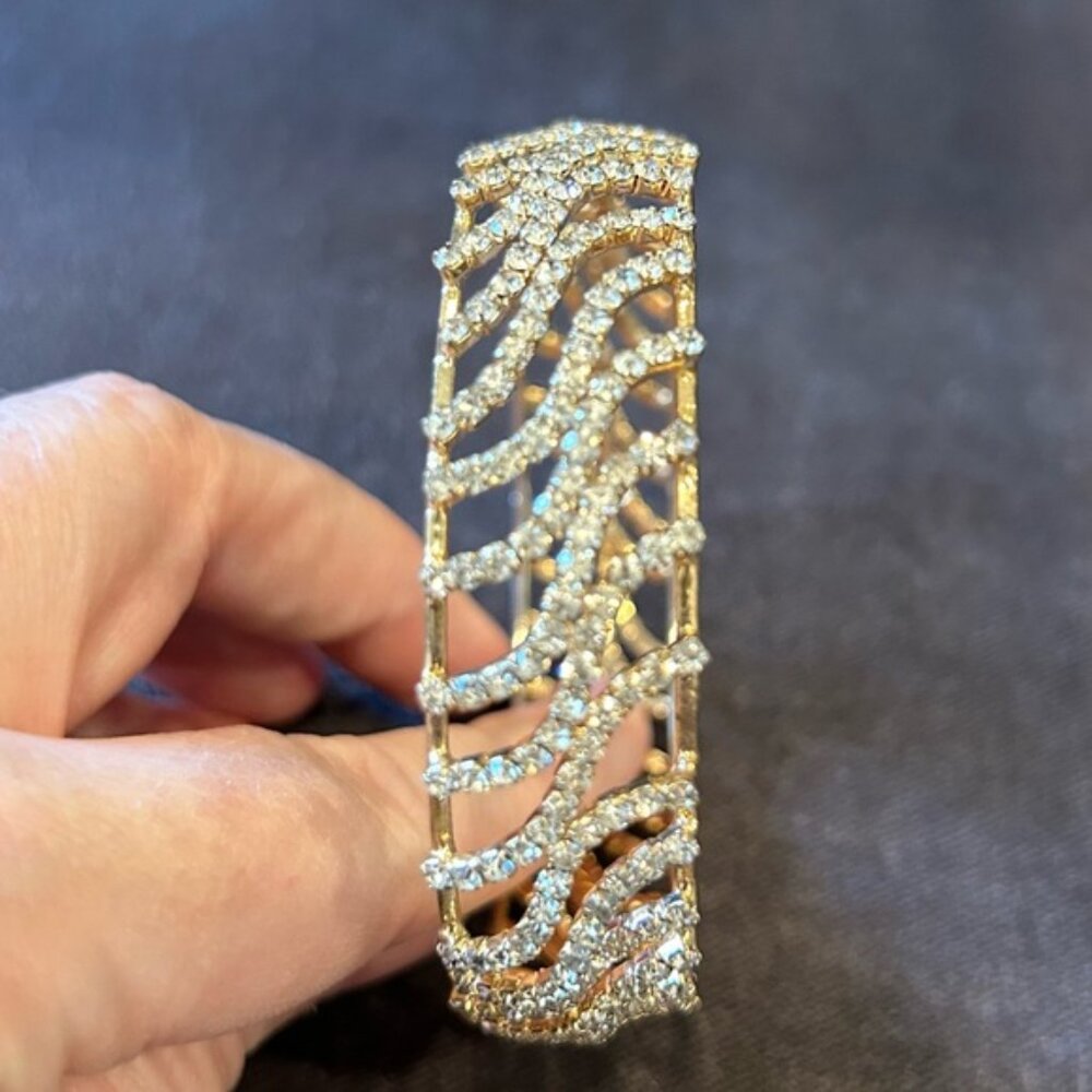 Crystal and Gold Color Slip On Bangle Bracelet - Picture 2 of 5
